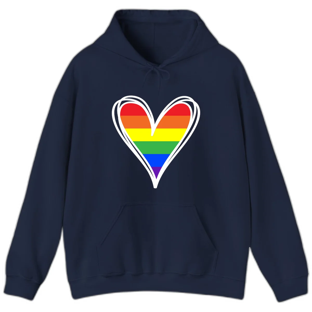 Rainbow heart pride design with horizontal stripes in red, orange, yellow, green, blue, and purple colors outlined in white in Navy