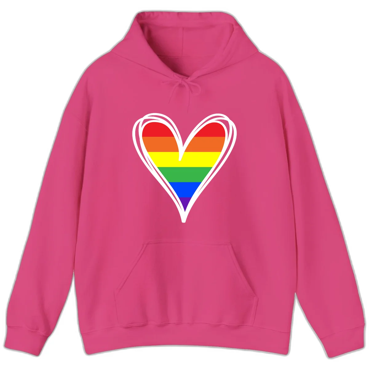 Rainbow heart pride design with horizontal stripes in red, orange, yellow, green, blue, and purple colors outlined in white in Heliconia