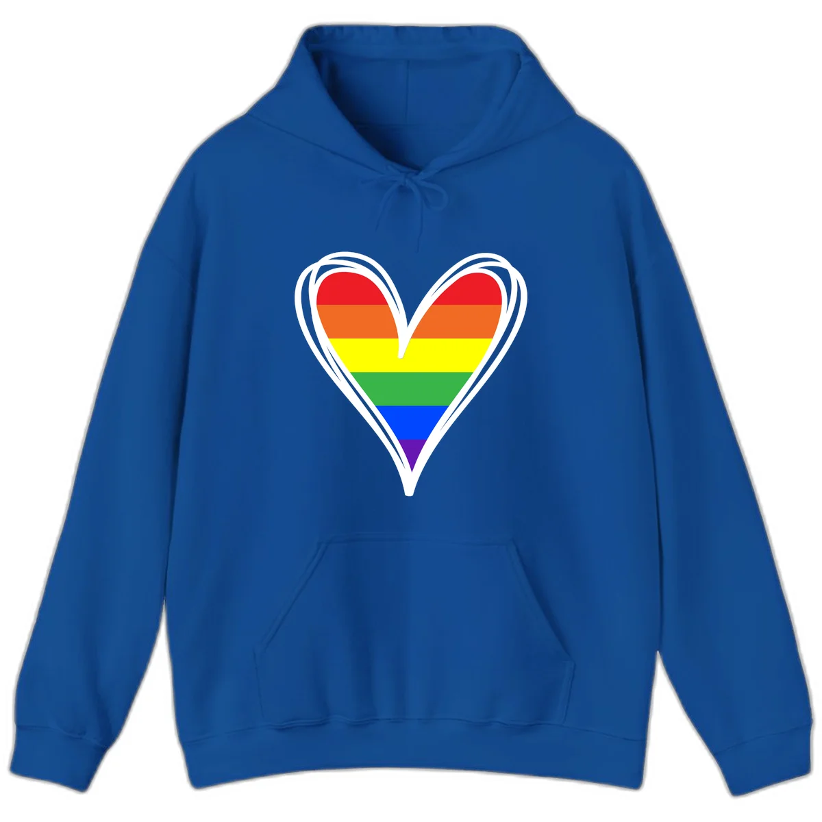 Rainbow heart pride design with horizontal stripes in red, orange, yellow, green, blue, and purple colors outlined in white in Royal