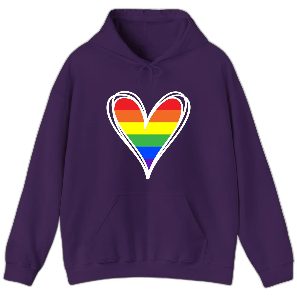Rainbow heart pride design with horizontal stripes in red, orange, yellow, green, blue, and purple colors outlined in white in Purple