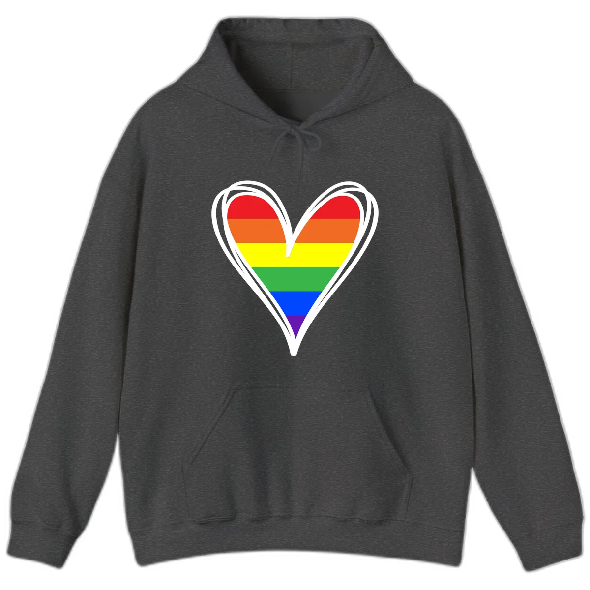 Rainbow heart pride design with horizontal stripes in red, orange, yellow, green, blue, and purple colors outlined in white in Dark Heather