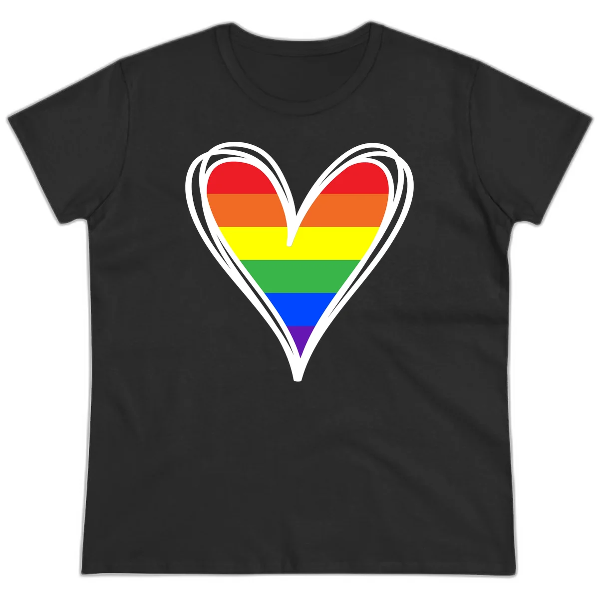 Rainbow heart pride design with horizontal stripes in red, orange, yellow, green, blue, and purple colors outlined in white in Black