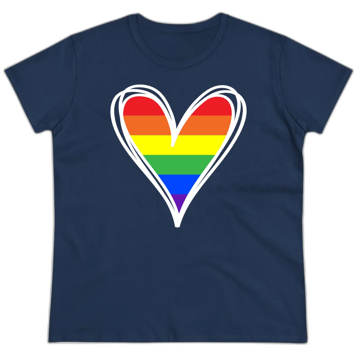 Rainbow heart pride design with horizontal stripes in red, orange, yellow, green, blue, and purple colors outlined in white in Navy