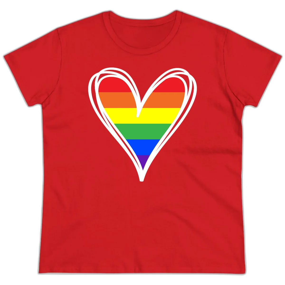 Rainbow heart pride design with horizontal stripes in red, orange, yellow, green, blue, and purple colors outlined in white in Red