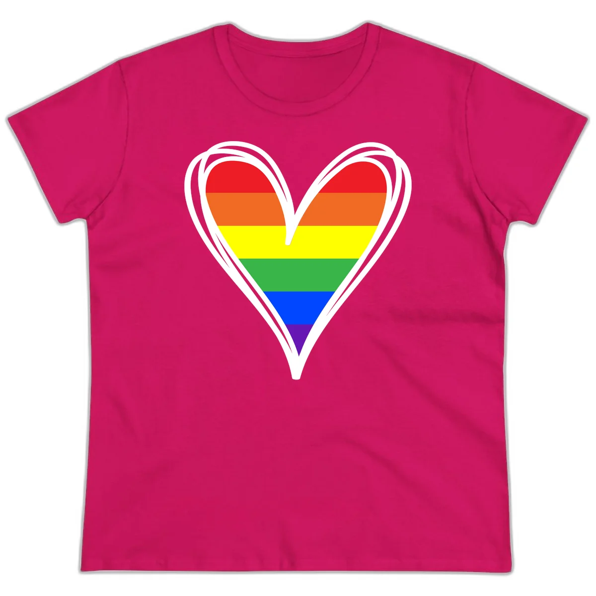 Rainbow heart pride design with horizontal stripes in red, orange, yellow, green, blue, and purple colors outlined in white in Heliconia