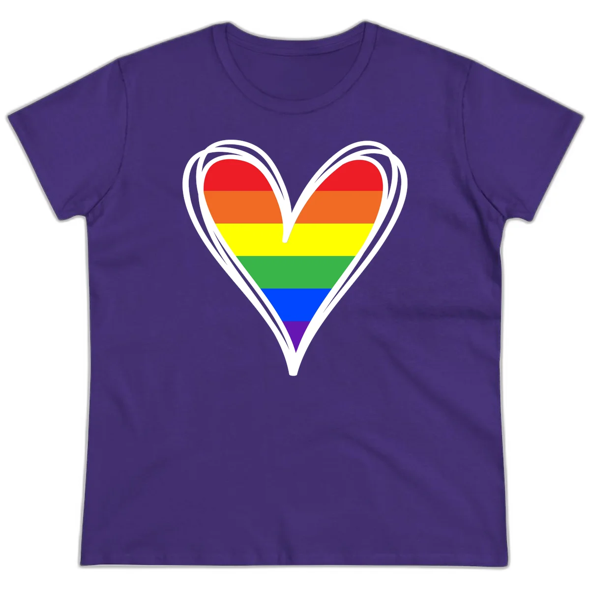 Rainbow heart pride design with horizontal stripes in red, orange, yellow, green, blue, and purple colors outlined in white in Purple