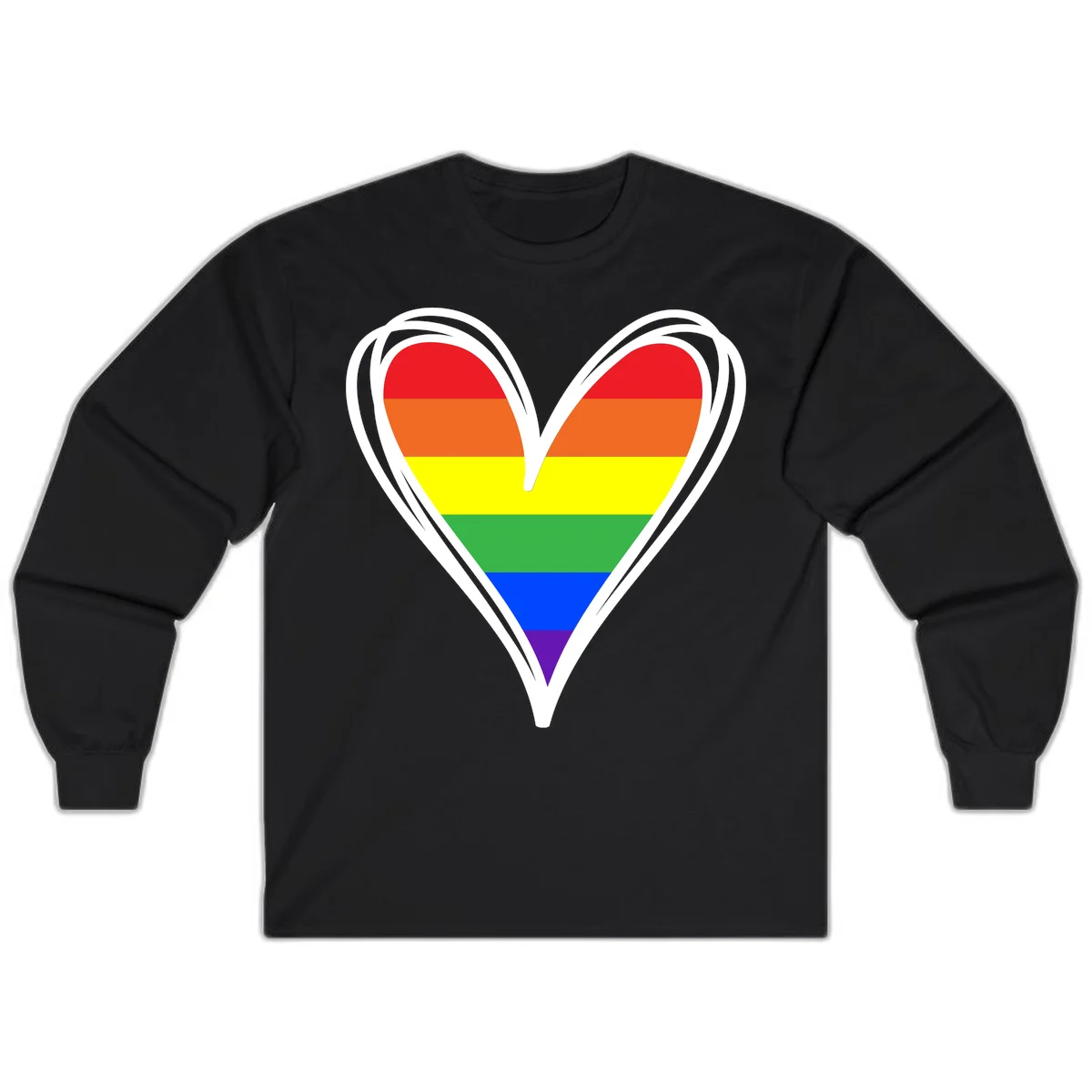 Rainbow heart pride design with horizontal stripes in red, orange, yellow, green, blue, and purple colors outlined in white in Black
