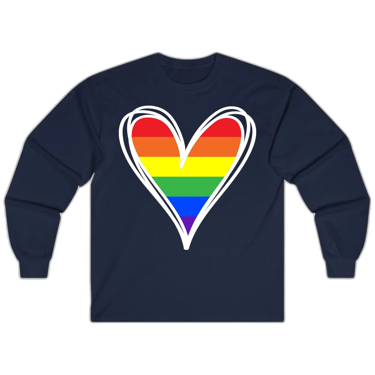 Rainbow heart pride design with horizontal stripes in red, orange, yellow, green, blue, and purple colors outlined in white in Navy