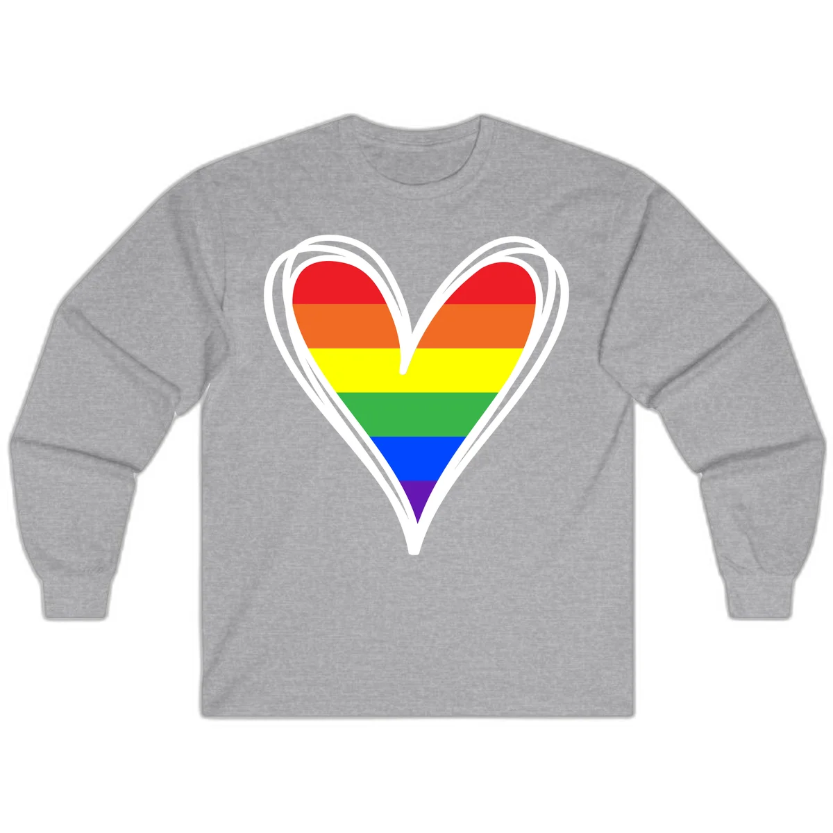 Rainbow heart pride design with horizontal stripes in red, orange, yellow, green, blue, and purple colors outlined in white in Sport Grey