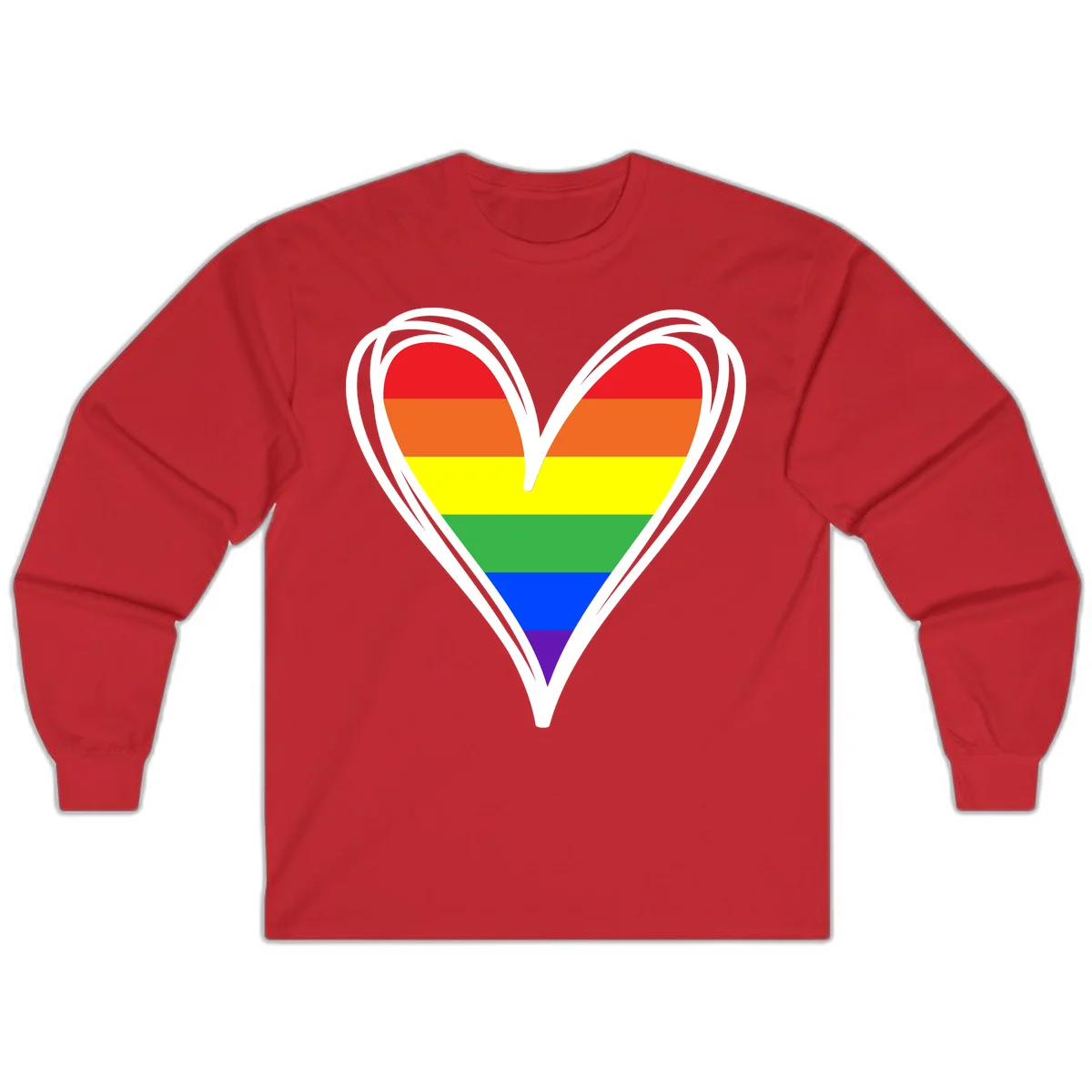 Rainbow heart pride design with horizontal stripes in red, orange, yellow, green, blue, and purple colors outlined in white in Red