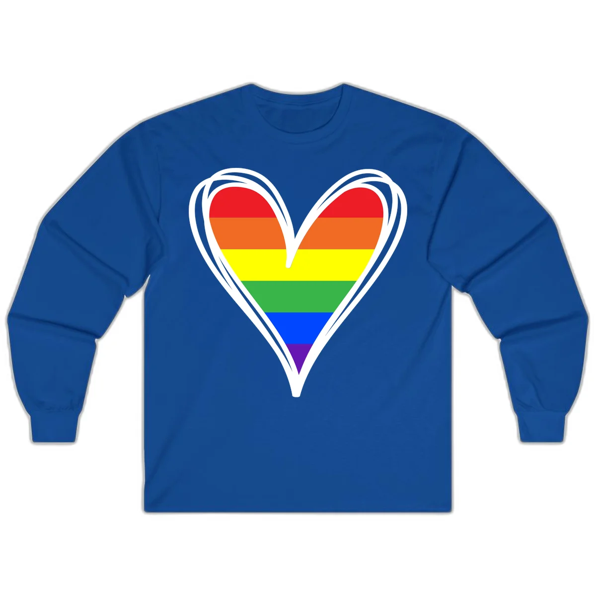 Rainbow heart pride design with horizontal stripes in red, orange, yellow, green, blue, and purple colors outlined in white in Royal