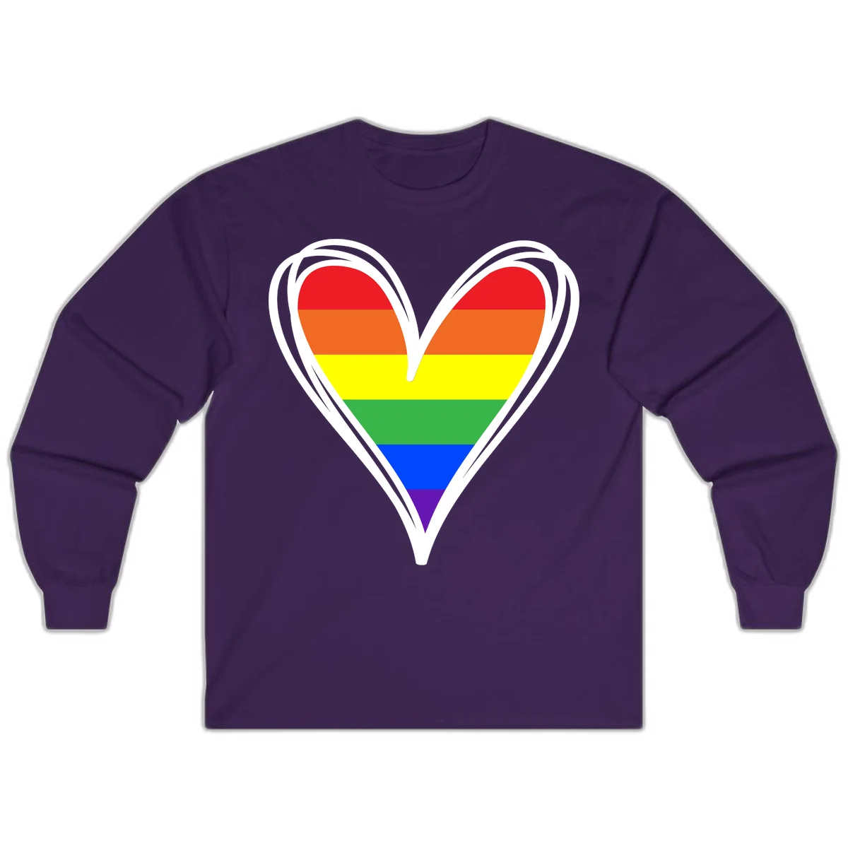 Rainbow heart pride design with horizontal stripes in red, orange, yellow, green, blue, and purple colors outlined in white in Purple