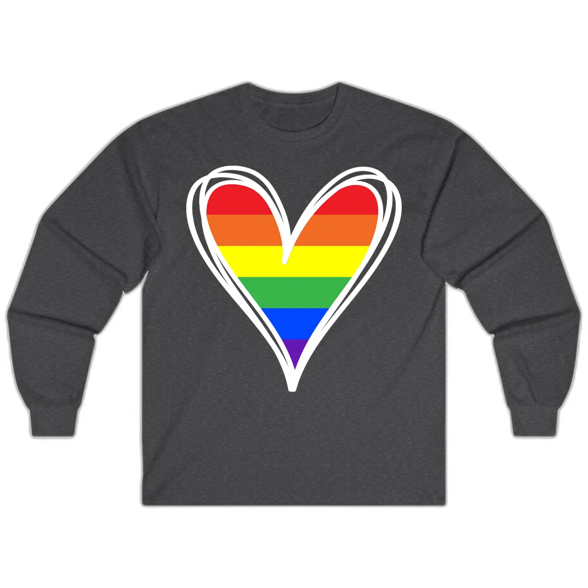 Rainbow heart pride design with horizontal stripes in red, orange, yellow, green, blue, and purple colors outlined in white in Dark Heather