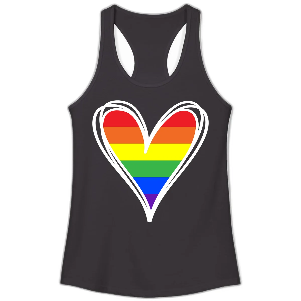 Rainbow heart pride design with horizontal stripes in red, orange, yellow, green, blue, and purple colors outlined in white in Black
