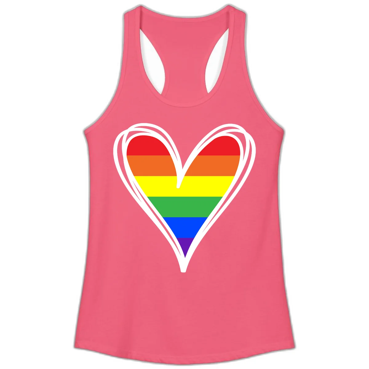 Rainbow heart pride design with horizontal stripes in red, orange, yellow, green, blue, and purple colors outlined in white in Hot Pink