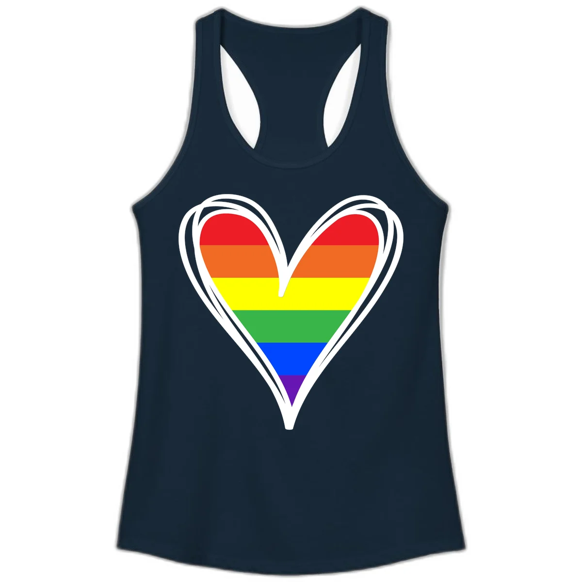 Rainbow heart pride design with horizontal stripes in red, orange, yellow, green, blue, and purple colors outlined in white in Solid Midnight Navy