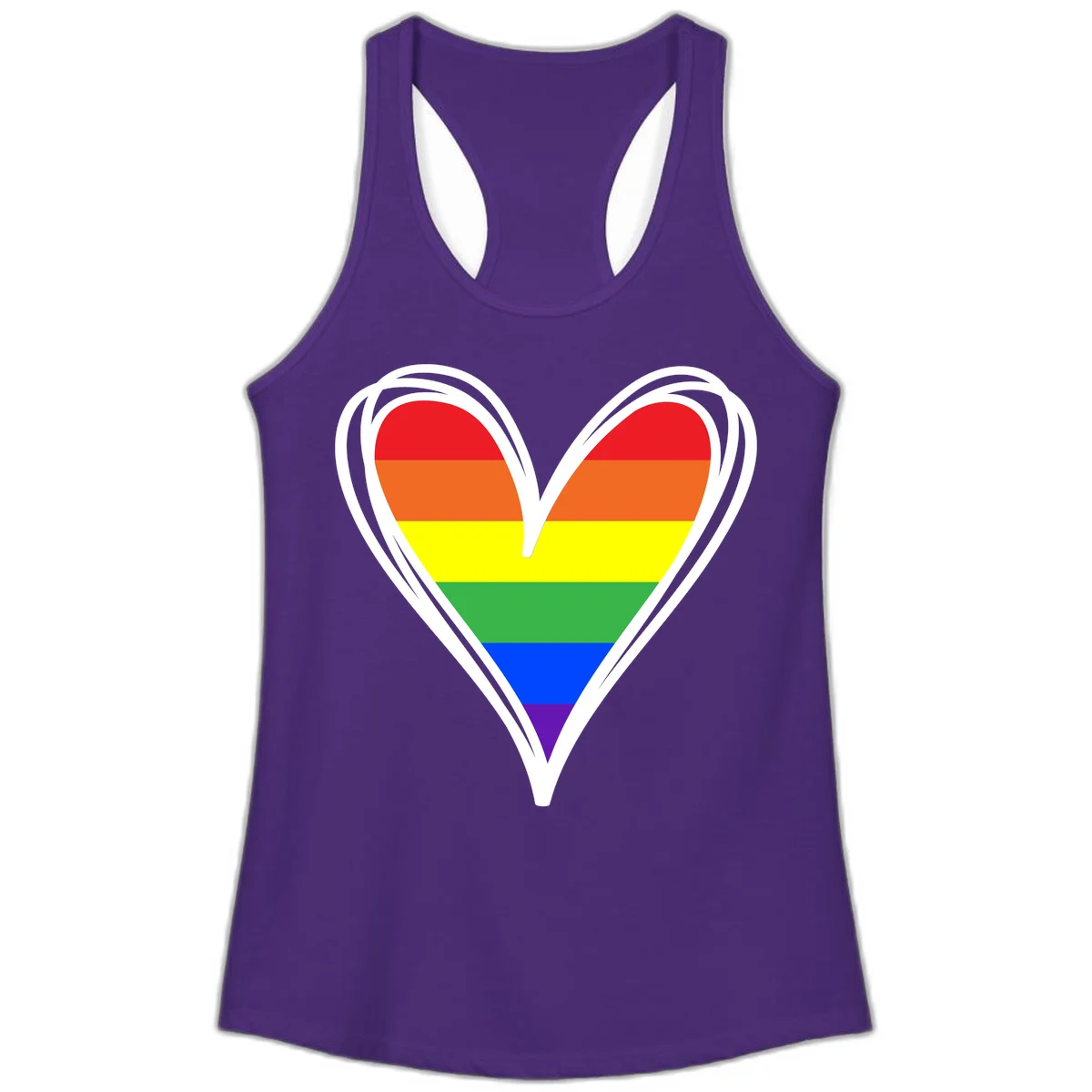 Rainbow heart pride design with horizontal stripes in red, orange, yellow, green, blue, and purple colors outlined in white in Solid Purple Rush