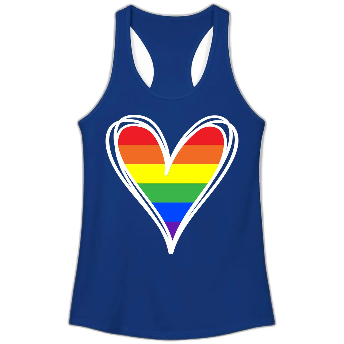 Rainbow heart pride design with horizontal stripes in red, orange, yellow, green, blue, and purple colors outlined in white in Solid Royal