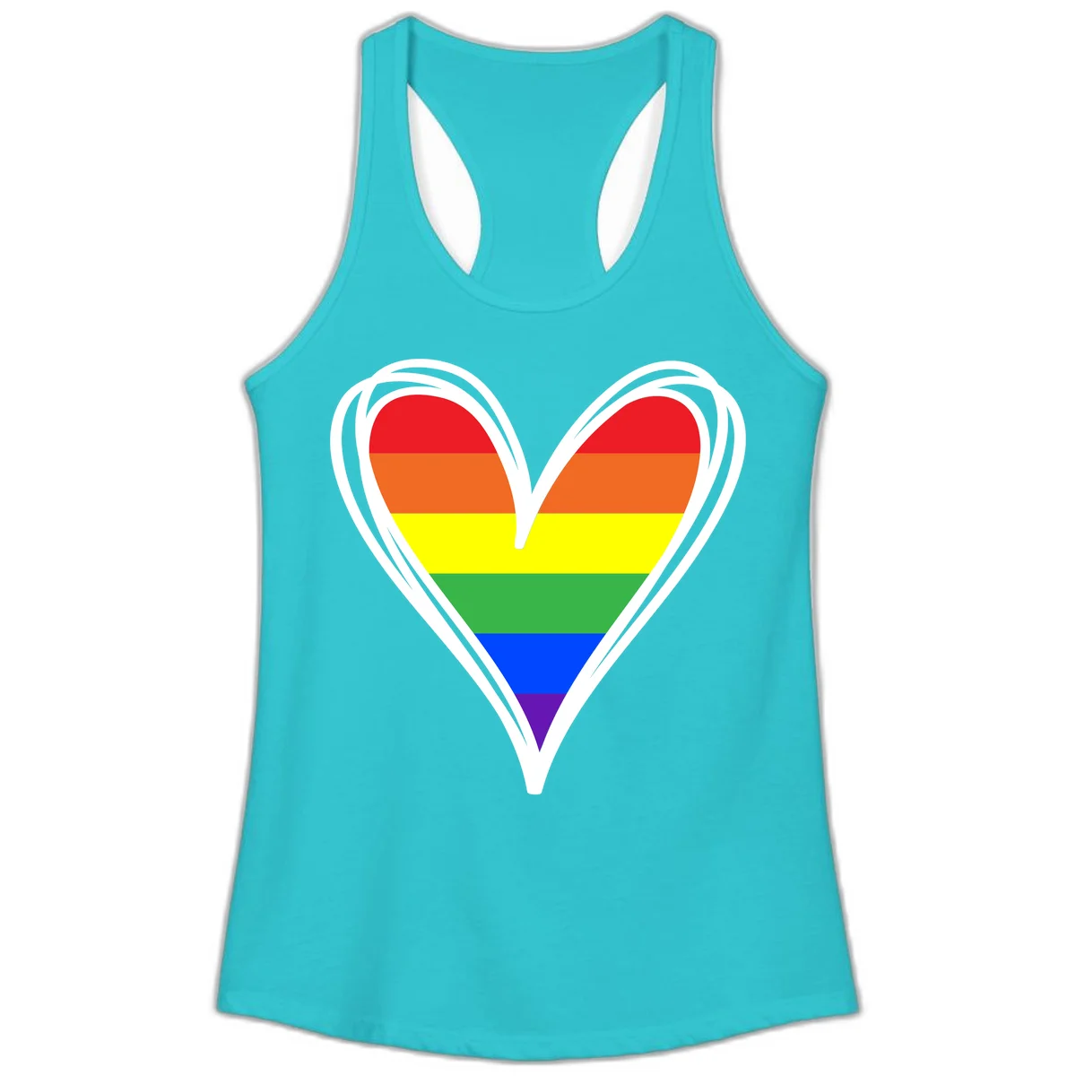 Rainbow heart pride design with horizontal stripes in red, orange, yellow, green, blue, and purple colors outlined in white in Solid Tahiti Blue