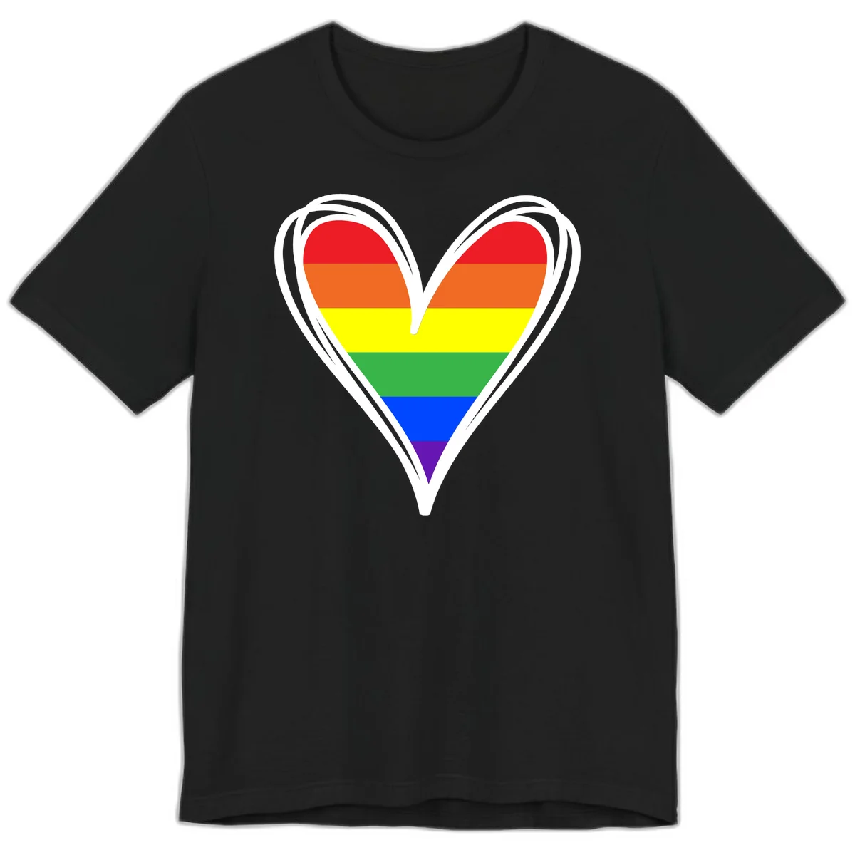 Rainbow heart pride design with horizontal stripes in red, orange, yellow, green, blue, and purple colors outlined in white in Black