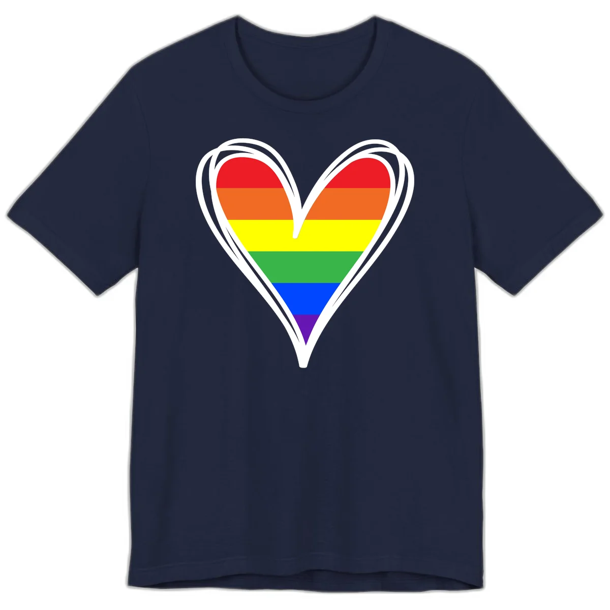 Rainbow heart pride design with horizontal stripes in red, orange, yellow, green, blue, and purple colors outlined in white in Navy