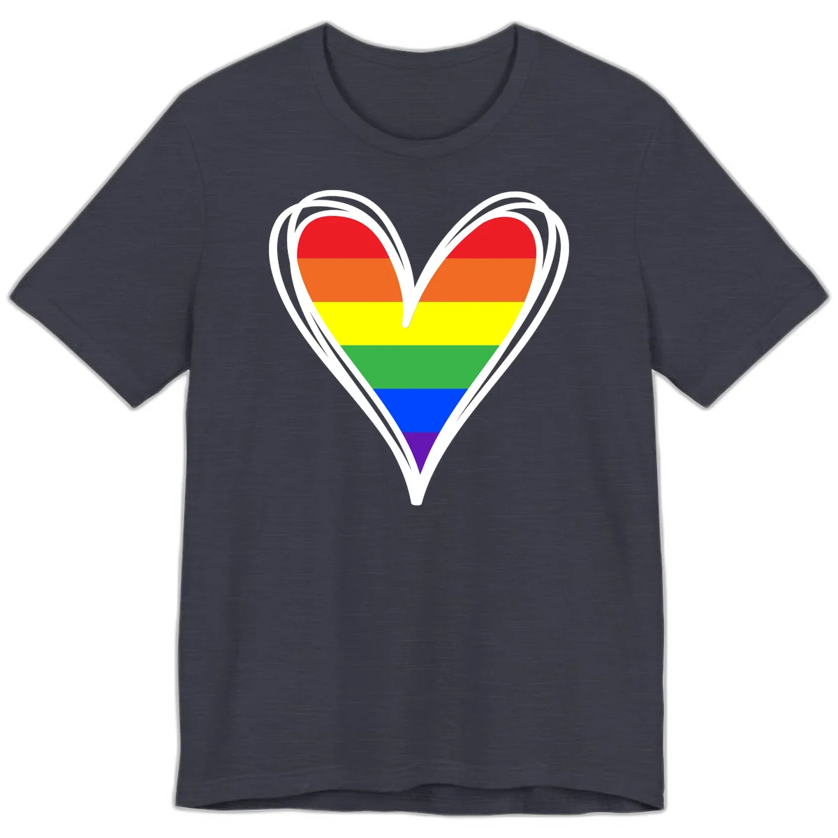 Rainbow heart pride design with horizontal stripes in red, orange, yellow, green, blue, and purple colors outlined in white in Heather Midnight Navy
