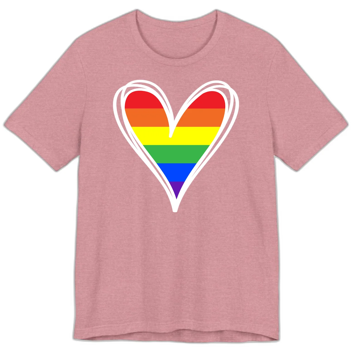 Rainbow heart pride design with horizontal stripes in red, orange, yellow, green, blue, and purple colors outlined in white in Heather Orchid