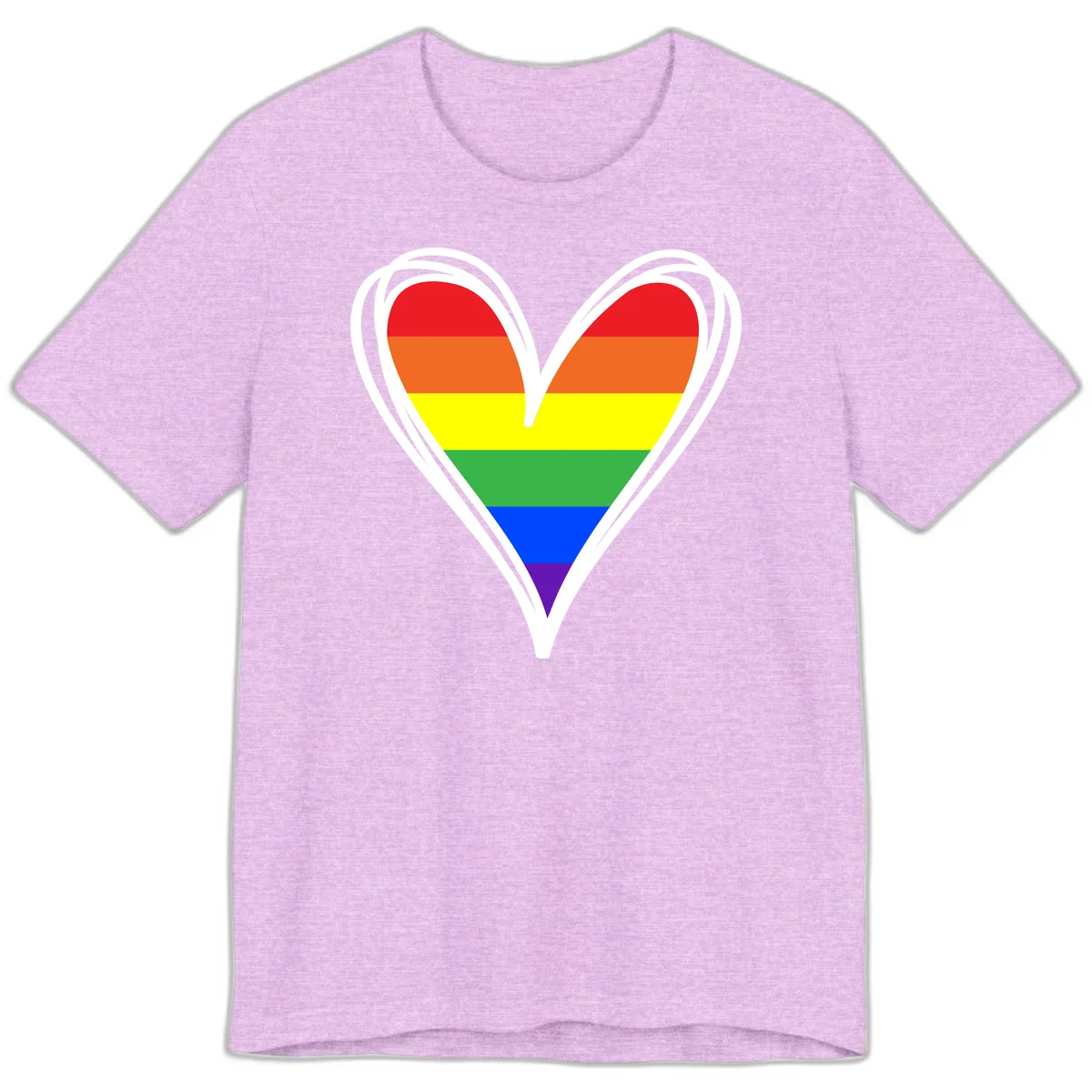 Rainbow heart pride design with horizontal stripes in red, orange, yellow, green, blue, and purple colors outlined in white in Heather Prism Lilac