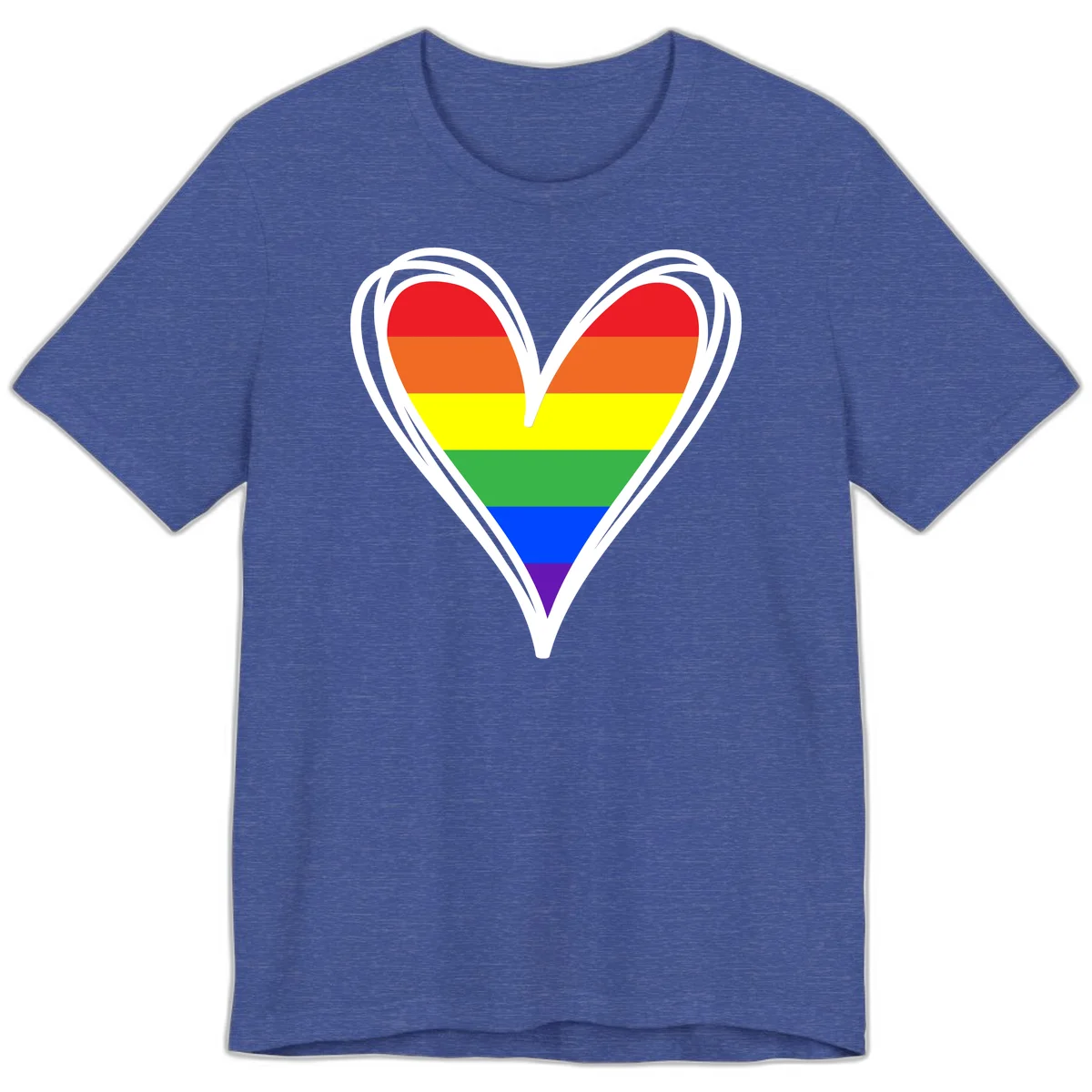 Rainbow heart pride design with horizontal stripes in red, orange, yellow, green, blue, and purple colors outlined in white in Heather True Royal