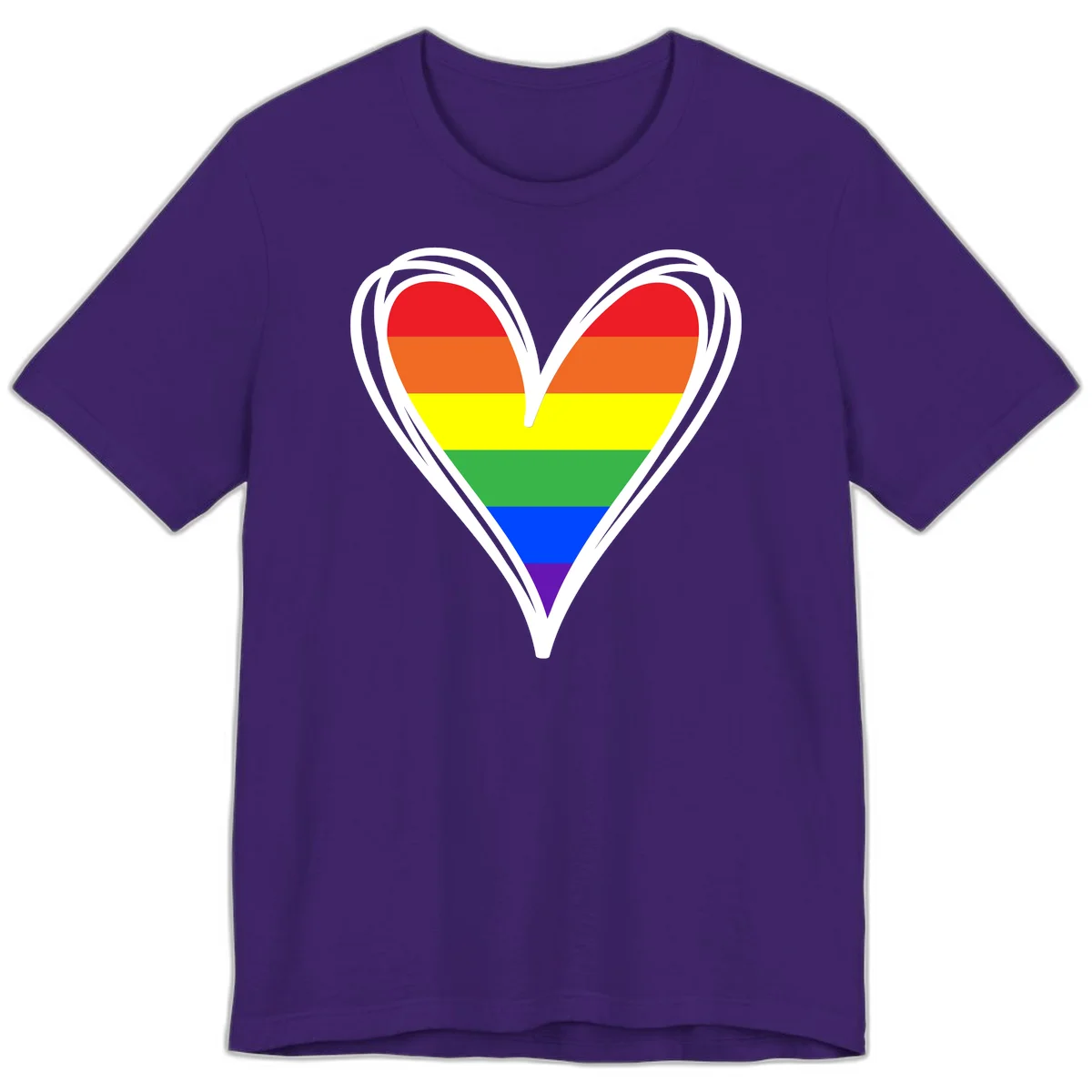 Rainbow heart pride design with horizontal stripes in red, orange, yellow, green, blue, and purple colors outlined in white in Team Purple