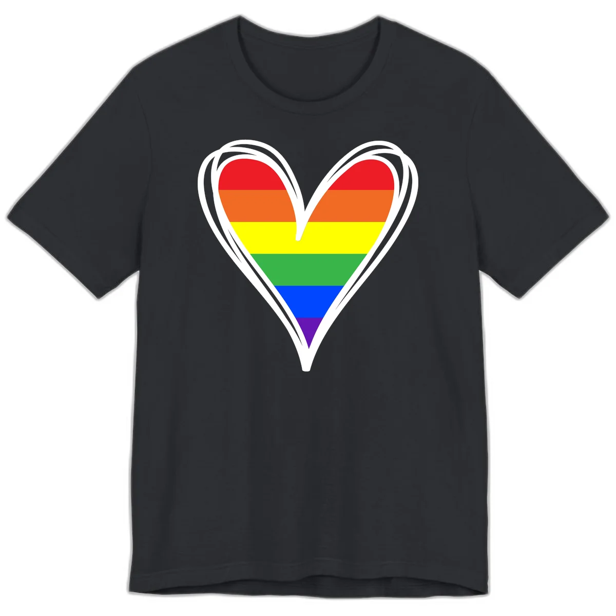 Rainbow heart pride design with horizontal stripes in red, orange, yellow, green, blue, and purple colors outlined in white in Vintage Black
