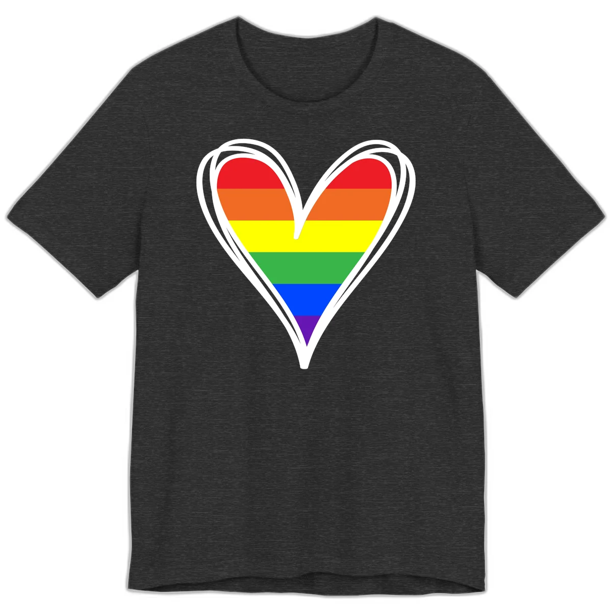 Rainbow heart pride design with horizontal stripes in red, orange, yellow, green, blue, and purple colors outlined in white in Dark Grey Heather