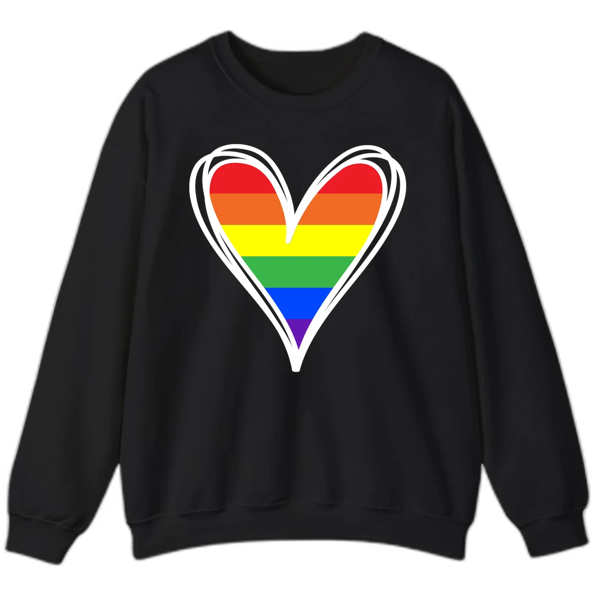 Rainbow heart pride design with horizontal stripes in red, orange, yellow, green, blue, and purple colors outlined in white in Black