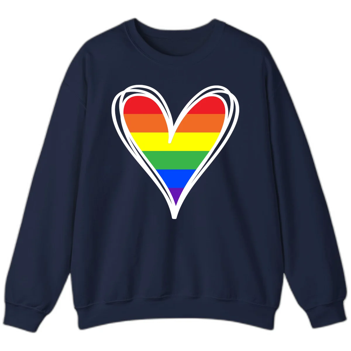 Rainbow heart pride design with horizontal stripes in red, orange, yellow, green, blue, and purple colors outlined in white in Navy