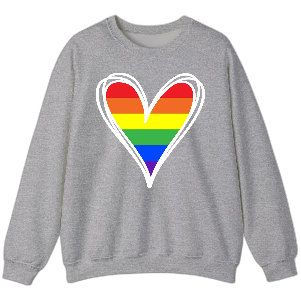 Rainbow heart pride design with horizontal stripes in red, orange, yellow, green, blue, and purple colors outlined in white in Sport Grey