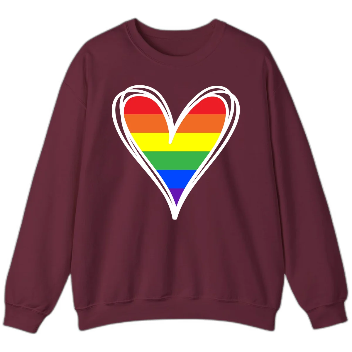 Rainbow heart pride design with horizontal stripes in red, orange, yellow, green, blue, and purple colors outlined in white in Maroon