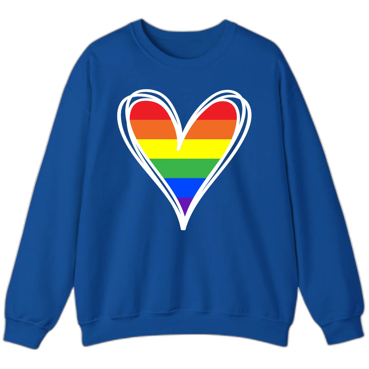 Rainbow heart pride design with horizontal stripes in red, orange, yellow, green, blue, and purple colors outlined in white in Royal