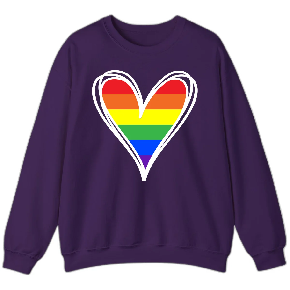 Rainbow heart pride design with horizontal stripes in red, orange, yellow, green, blue, and purple colors outlined in white in Purple