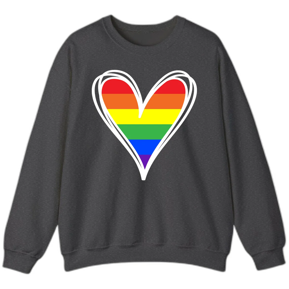 Rainbow heart pride design with horizontal stripes in red, orange, yellow, green, blue, and purple colors outlined in white in Dark Heather