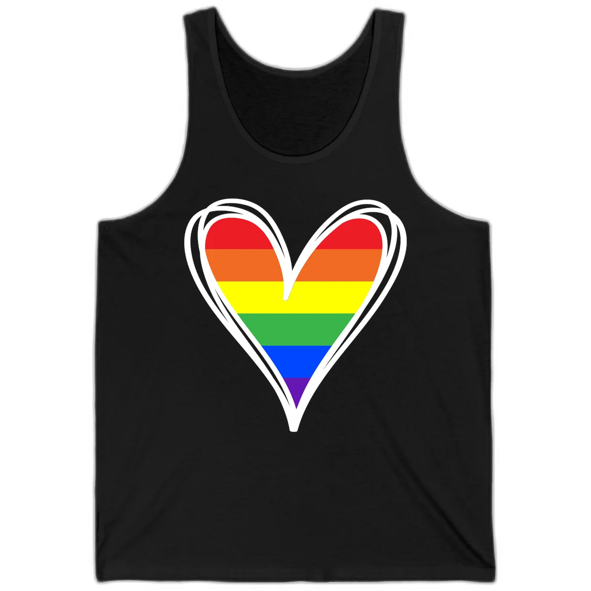 Rainbow heart pride design with horizontal stripes in red, orange, yellow, green, blue, and purple colors outlined in white in Black