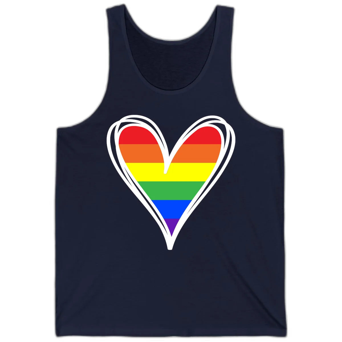 Rainbow heart pride design with horizontal stripes in red, orange, yellow, green, blue, and purple colors outlined in white in Navy