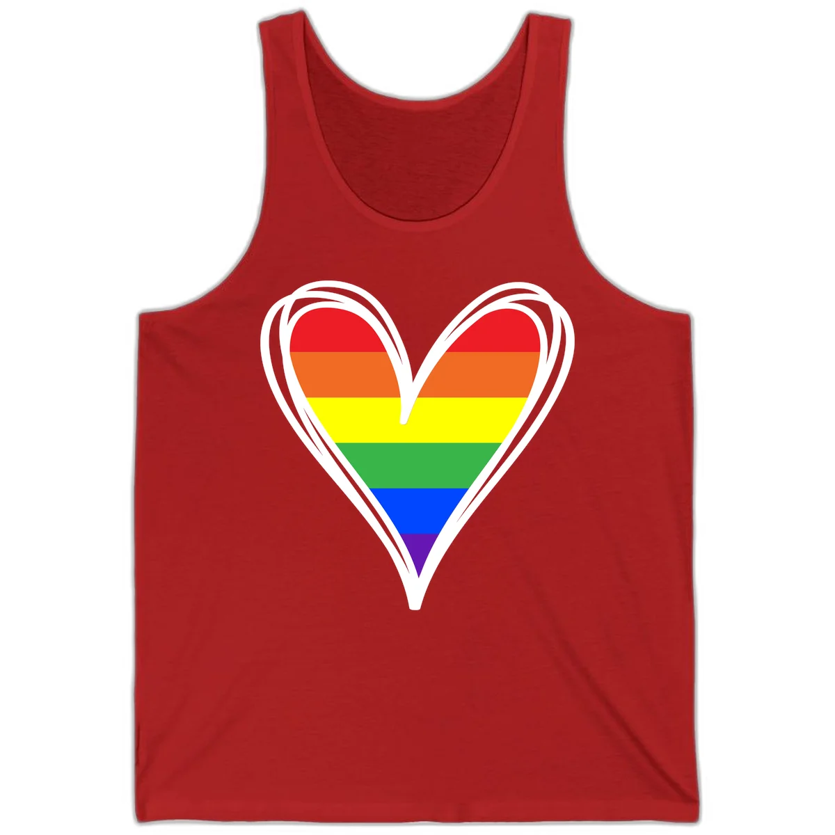 Rainbow heart pride design with horizontal stripes in red, orange, yellow, green, blue, and purple colors outlined in white in Red