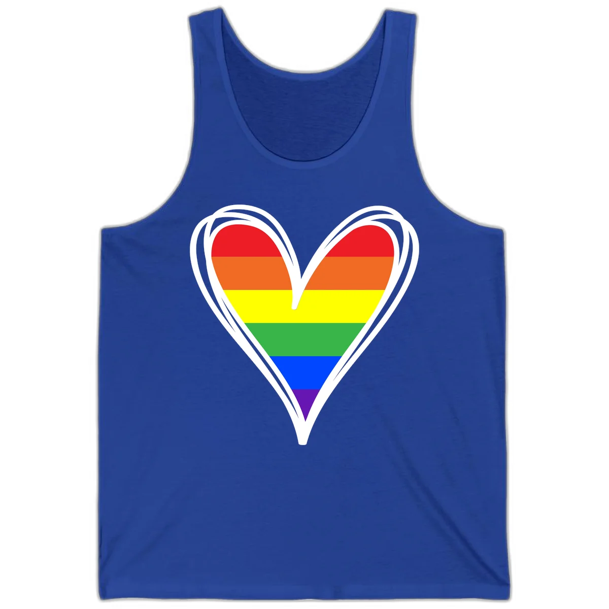 Rainbow heart pride design with horizontal stripes in red, orange, yellow, green, blue, and purple colors outlined in white in True Royal