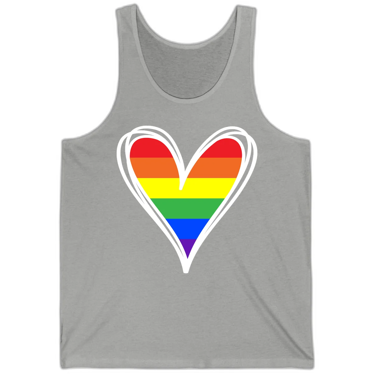 Rainbow heart pride design with horizontal stripes in red, orange, yellow, green, blue, and purple colors outlined in white in Athletic Heather