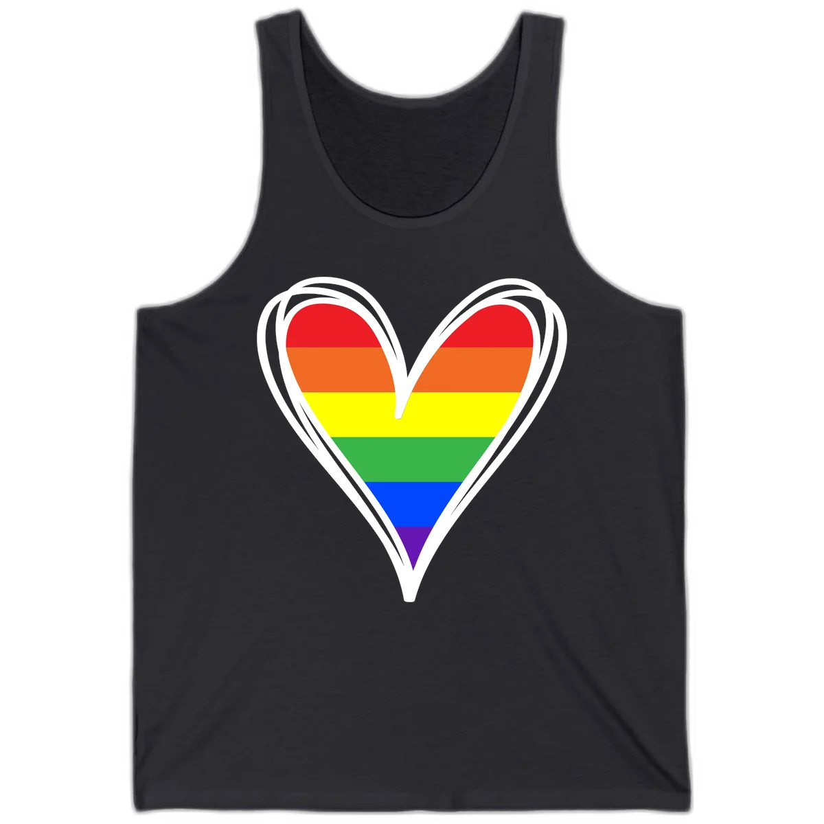 Rainbow heart pride design with horizontal stripes in red, orange, yellow, green, blue, and purple colors outlined in white in Dark Grey