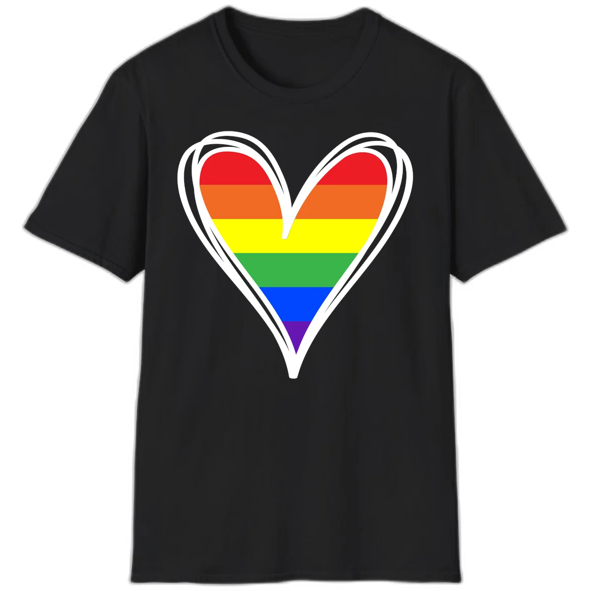 Rainbow heart pride design with horizontal stripes in red, orange, yellow, green, blue, and purple colors outlined in white in Black
