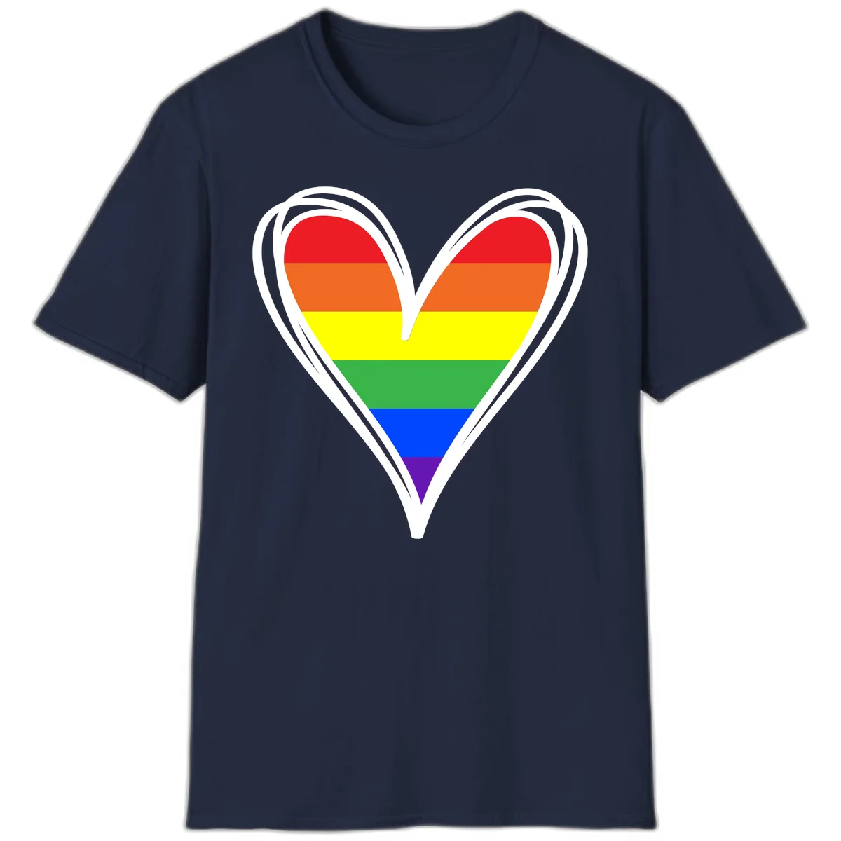 Rainbow heart pride design with horizontal stripes in red, orange, yellow, green, blue, and purple colors outlined in white in Navy