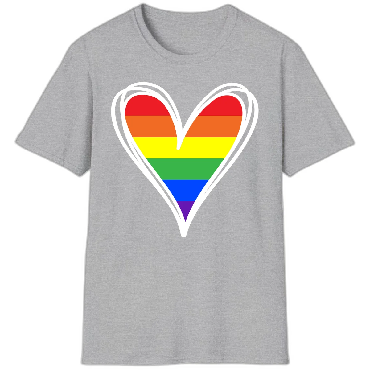 Rainbow heart pride design with horizontal stripes in red, orange, yellow, green, blue, and purple colors outlined in white in Sport Grey