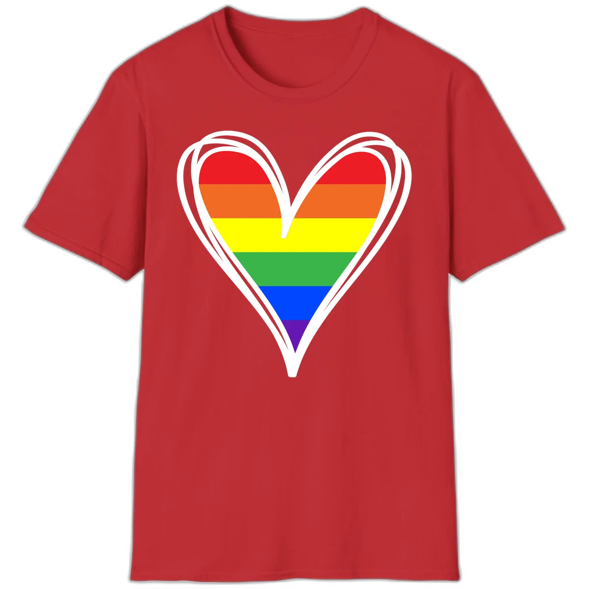 Rainbow heart pride design with horizontal stripes in red, orange, yellow, green, blue, and purple colors outlined in white in Red