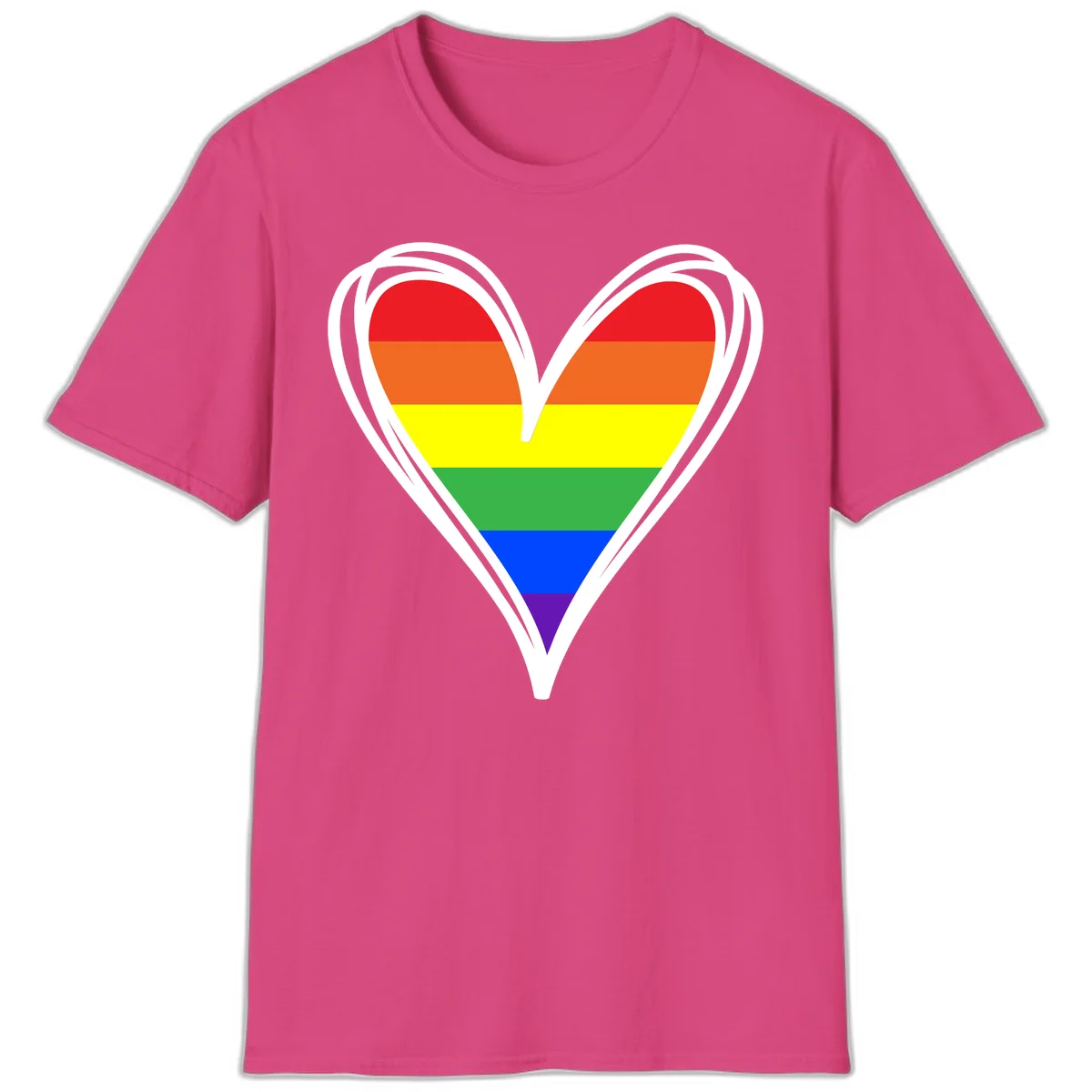 Rainbow heart pride design with horizontal stripes in red, orange, yellow, green, blue, and purple colors outlined in white in Heliconia